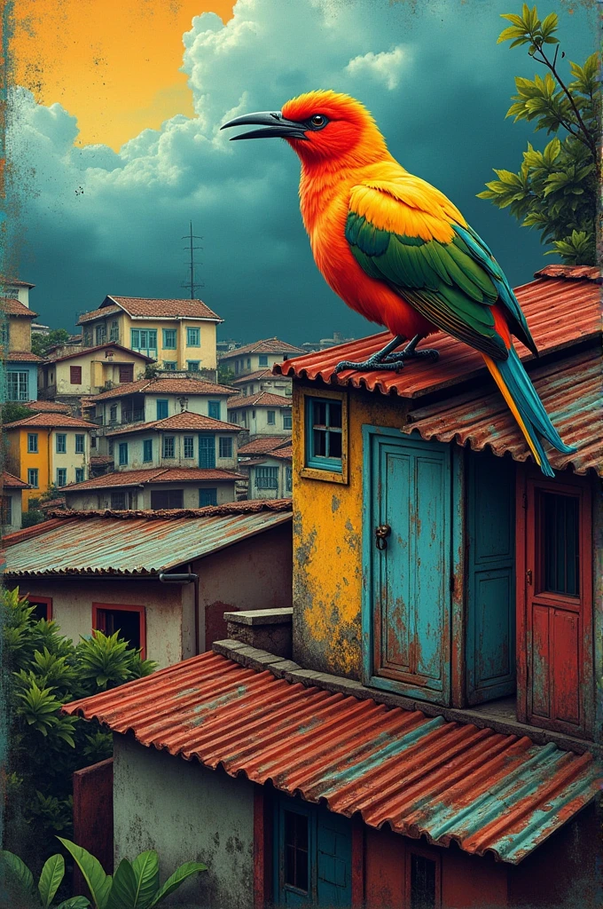 Create a t-shirt with a design of favela houses and coleiro and iron on the t-shirt