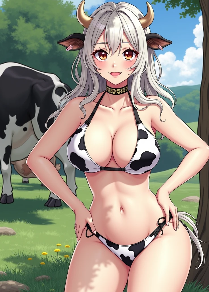 Young cow woman, sexly, (big breast:1.4), big buttock, cow bikini, pose sexly courbée, in a cow pasture