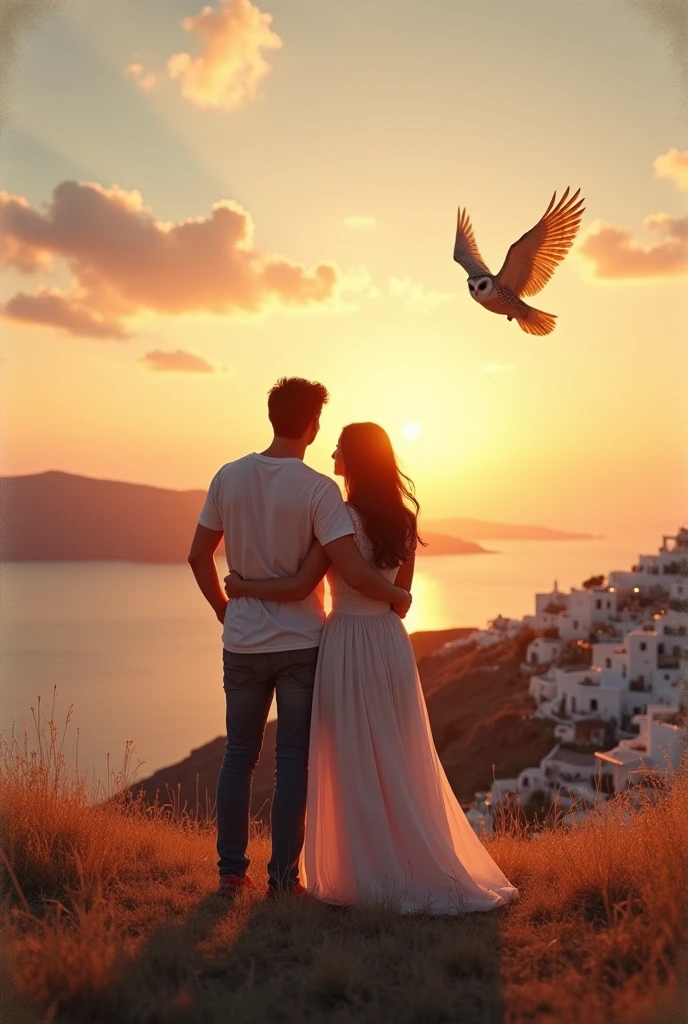 A couple with their backs turned, standing in the middle of undulating and sprawling Santorini, with the sun setting on the horizon, Bathing the landscape in warm shades of orange, pink and gold. The couple is hugging, with a relaxed and romantic posture. She is wearing a long dress, fluid and soft in color, while he wears casual clothes, like a light shirt and pants. The style of the image is clearly vintage, with a slightly faded filter and softly blurred edges, evoking a sense of nostalgia and tranquility. The colors are dull, with a slight patina that gives the feeling of an old photograph. The sky shows soft brushstrokes of clouds, and the sunlight reflects on the grass, creating a warm and welcoming atmosphere, that in the air there is an owl opening its wings