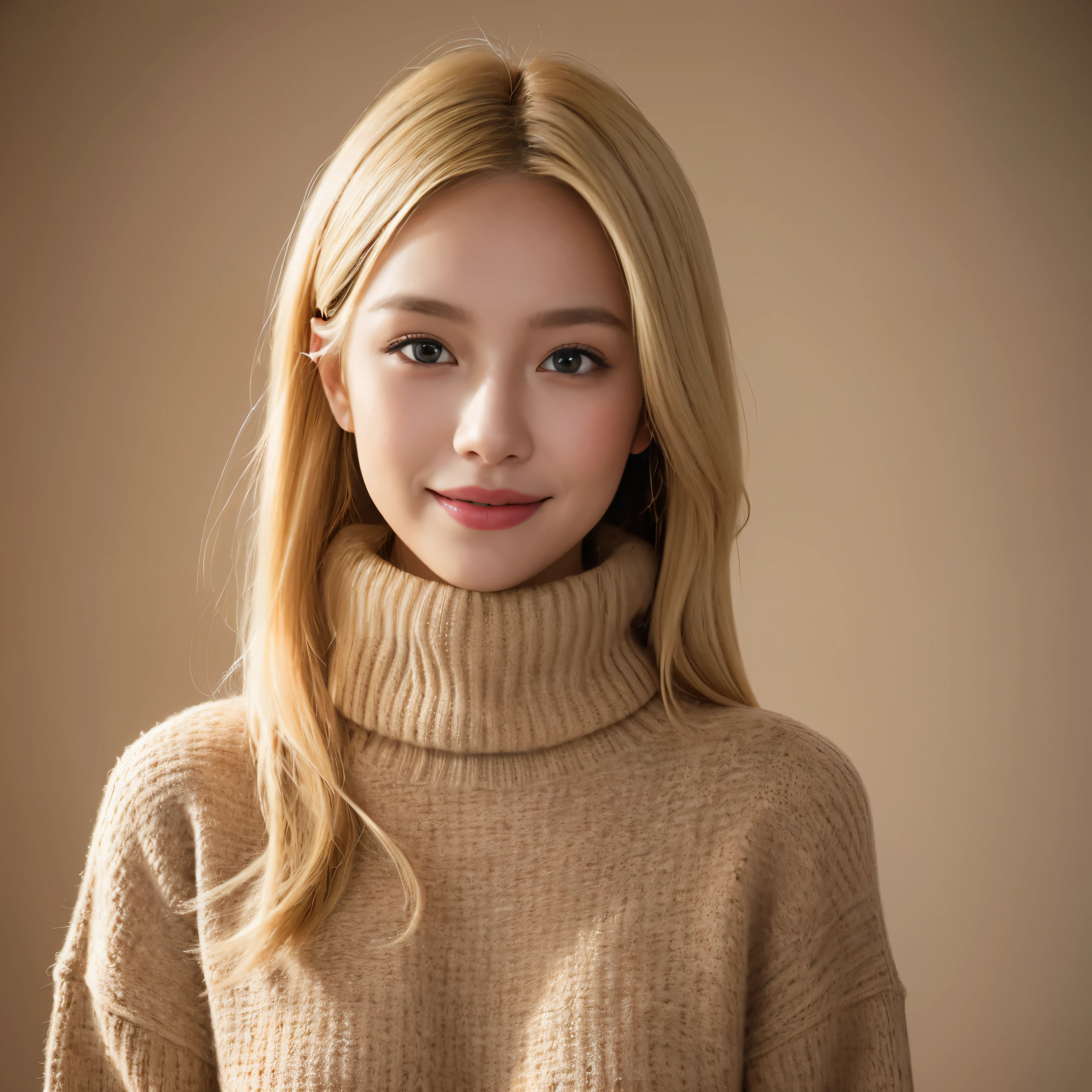 Portrait of a blonde model wearing a warm designer sweater, Brand clothing style, The sweater is completely exposed, GH5, Happy expression, Low key image, Clear Texture - Image #2 @Slim Slim