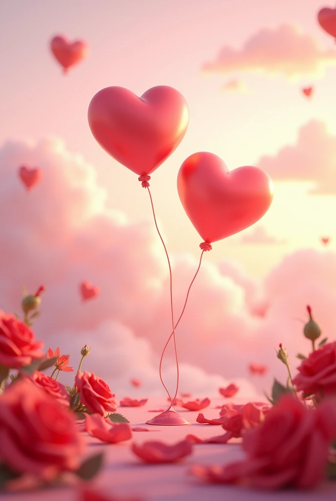 3d romantic background with hearts and roses,ballons,love,clouds,sunlight,pink light