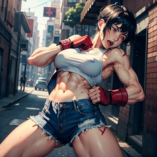 a male streetfighter is striking a female streetfighter's belly by hard punch in the backstreet. she is beated down. she is crying and screaming. she is beautiful and young. she is covered in scars and bruises. she is damaged terribry. Short-cut black hair, out of breath, drooling from mouth, one eye is closed, exhausted, drenched in sweat. Erect nipples, open finger glove, Whittled waistline, muscular, six-pack abs, tanktop, denim shorts.