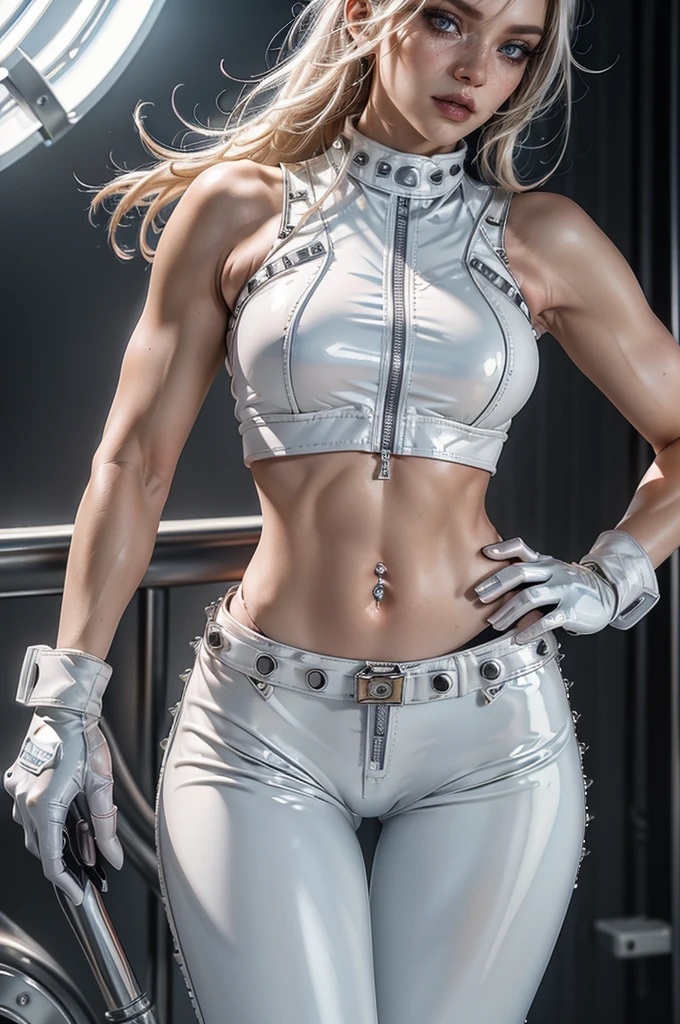 cowboy shot,a pretty 2 girl,blond hair,blue eyes,lora_Emma,slim athletic body,thin waist,(shiny ultra glossy white latex crop top),bare shoulders,(shiny ultra glossy white latex pants with multiple zippers),(((long navel piercing))),white studded collar,empty studio,((studded white belts)),long fingerless white latex gloves,(best quality,4k,8k,highres,masterpiece:1.2),ultra-detailed,(realistic,photorealistic,photo-realistic:1.37),dramatic lighting,cinematic,fashion photography,studio lighting,high contrast,vivid colors,beautiful detailed eyes,beautiful detailed lips,extremely detailed eyes and face,long eyelashes, hair on one side, touching hair