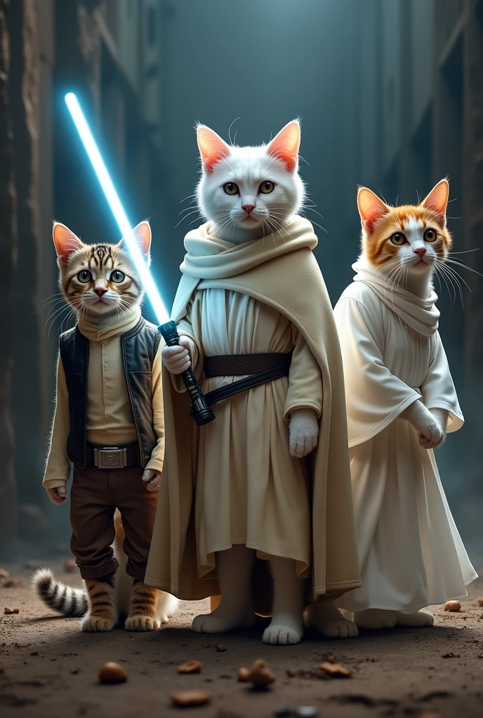 A white cat dressed as Luke from Star Wars、Calico cat dressed as Han Solo、White cat dressed as Princess Leia.dramatic,4K