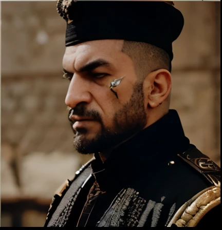 An Ottoman Janissary head and upper body that is aggressive and muscular with an Ottoman sword with a scar on the face drawn for a biker gang jacket as a logo. Best quality, High details,