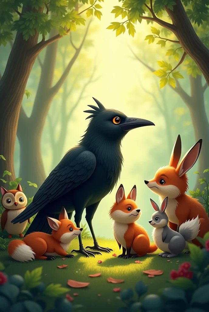 Create a crow together with several animals, fable style