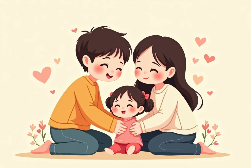 Cartoon image of warm family time of mom, dad and daughter, cartoon, cute cartoon, cute cartoon style, motherly love, cute illustration, clean anime art