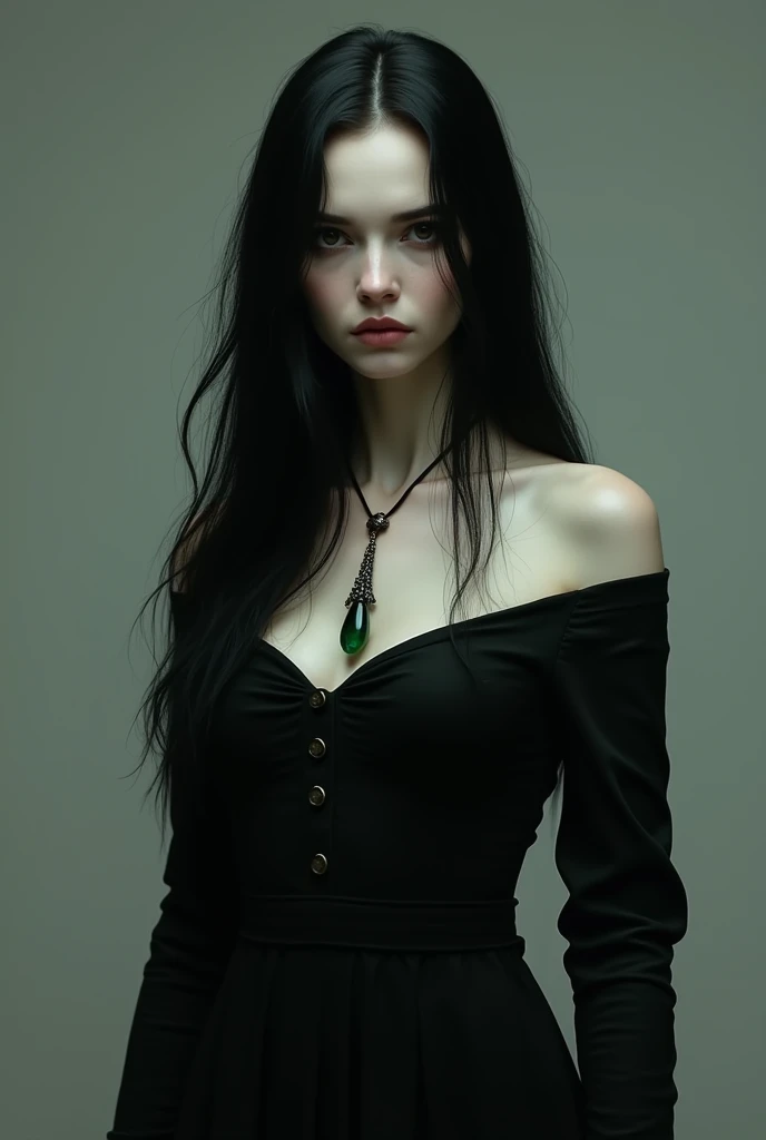 Generates the image of an 1 girl, thin and structural body, White skin, long black hair, black eyes, dark look, Whole body, tom riddle's girlfriend, , with a long black dress with long sleeves, without neckline and a dark green necklace.
