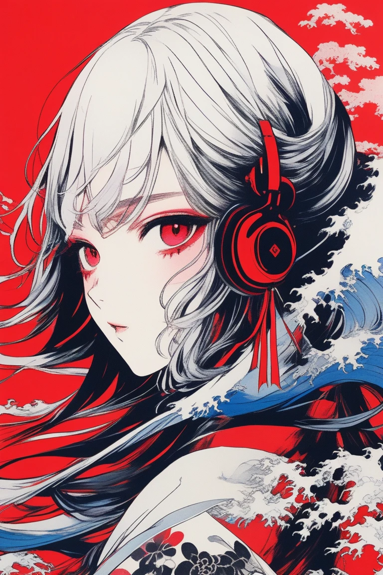 (Highest quality, sketch:1.2),Realistic,Illustrator,anime,1 person, Detailed lips, kimono,custom, Black and red gradient background,Neon Hair,Texture Cropping, masterpiece, Style: Retro Classic, Black Style , Japanese style, ((Monochrome)(((masterpiece, Highest quality))),(((alone:1.2))),(((1 personの:1.2))),32K Wallpapers, Very detailed, Poster,(((((geometric cinematic movie Poster))))), ((Bauhaus)),(shape),(((Abstract))),(Midcentury Modern),(((((portfolio))))),(((((close))))),(((((breast enhancement))))),((((More Angles)))),((((highlight)))),((((Heterochromia iridis)))),(((completion. Detailed face))),((((Very talented)))),(((detailed unlimited completion equipment : Railgun headphones))),(((((Very simple background))))),(((Texture of the person : Grunge))),(((((Open your mouth incredibly wide))))),(((((scream))))),(((((Surprised expression)))), ヘッドホンと花柄の赤い帽子をかぶったanimeの日本女性, animeの詳細な肖像画, The sharp gaze of the Yuki-onna, detailed manga style, 詳細なデジタルanimeアート, 見事なanimeの顔の肖像画, anime風デジタルアート, Inspired by Harumi Hironaka, Amazing digital art with great detail, Digital Manga Art, animeグラフィックイラスト, Manga art style, inspired by Utagawa Yoshiiku, Tattoo on face