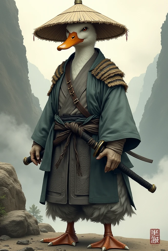 A old samurai duck with a cloak and a straw hat