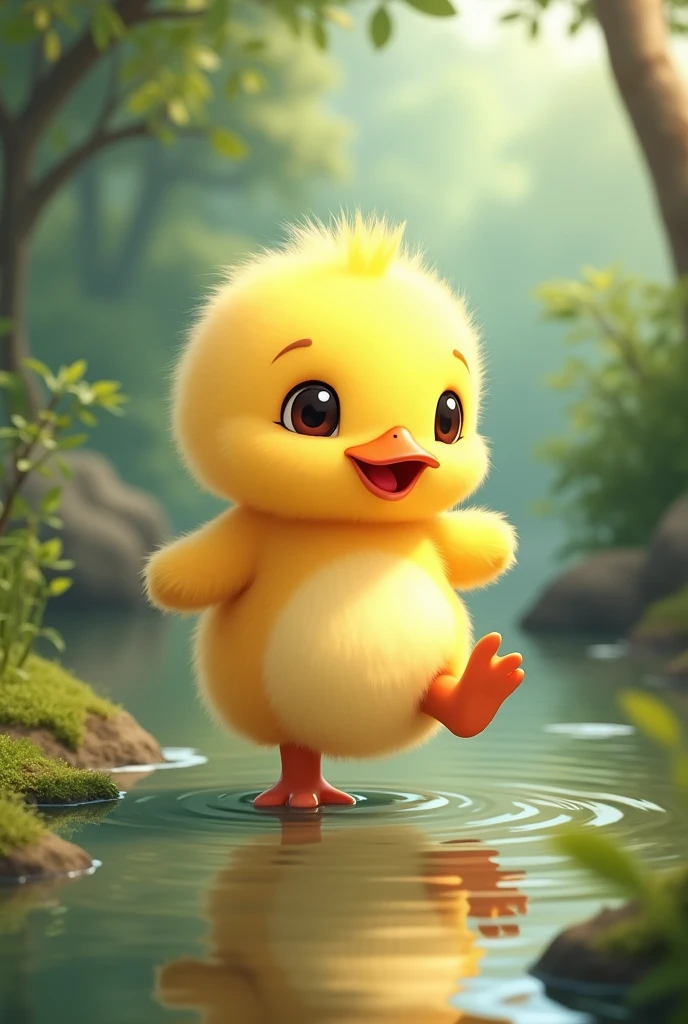 adorable creature,yellow duck, Adorable, Cute, Furry, Fluffy, forest, lake, dancing