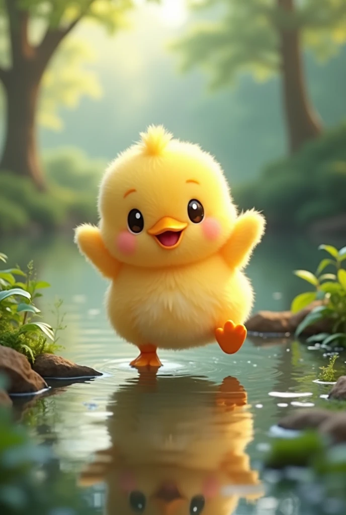 adorable creature，yellow duck, Adorable, Cute, Furry, Fluffy, forest, lake, dancing