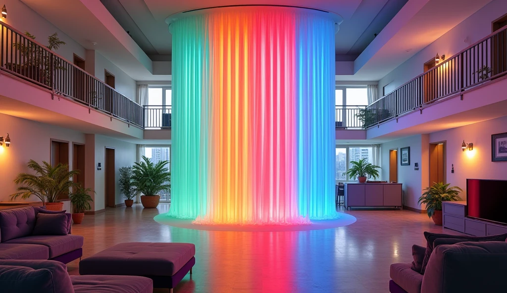 The baseball players' dormitory is a two-story building bathed in natural light. The first floor common area is a bright and spacious space that includes a living room, kitchen, and a central lounge. The lounge is highlighted by a striking art installation: 12 vertical acrylic tubes, each 5 cm wide and 100 cm tall, emit colorful lights, creating a vibrant and dynamic atmosphere.
