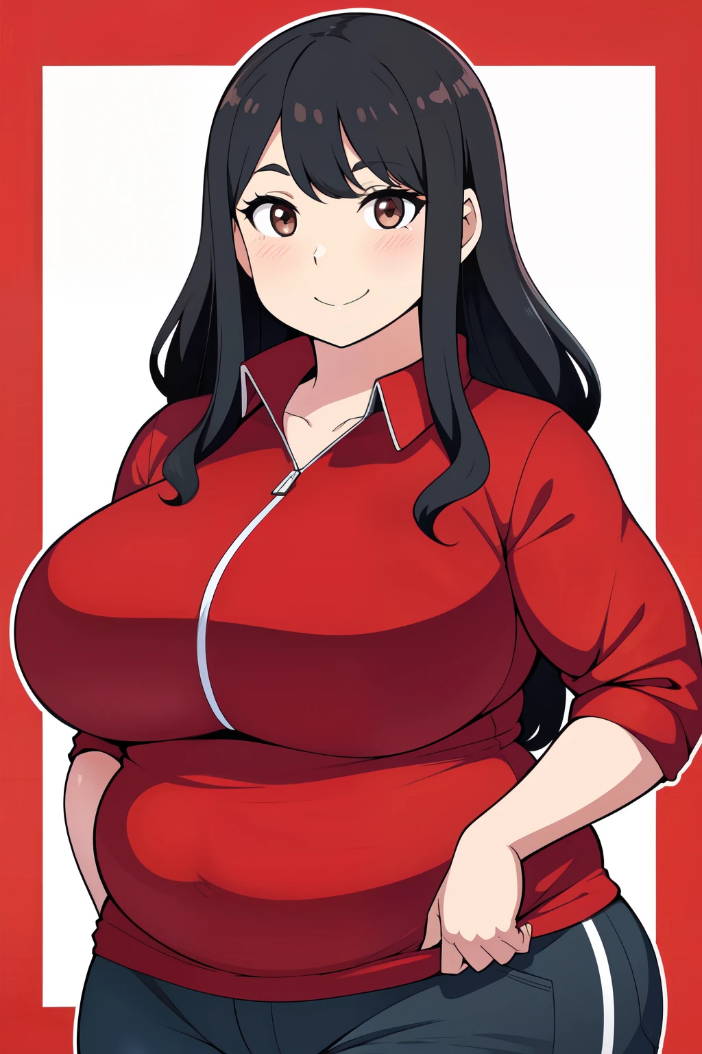 Plump year 21 big breasts black hair brown eyes happy longer hair smile blushing deredere red shirt black jacket 