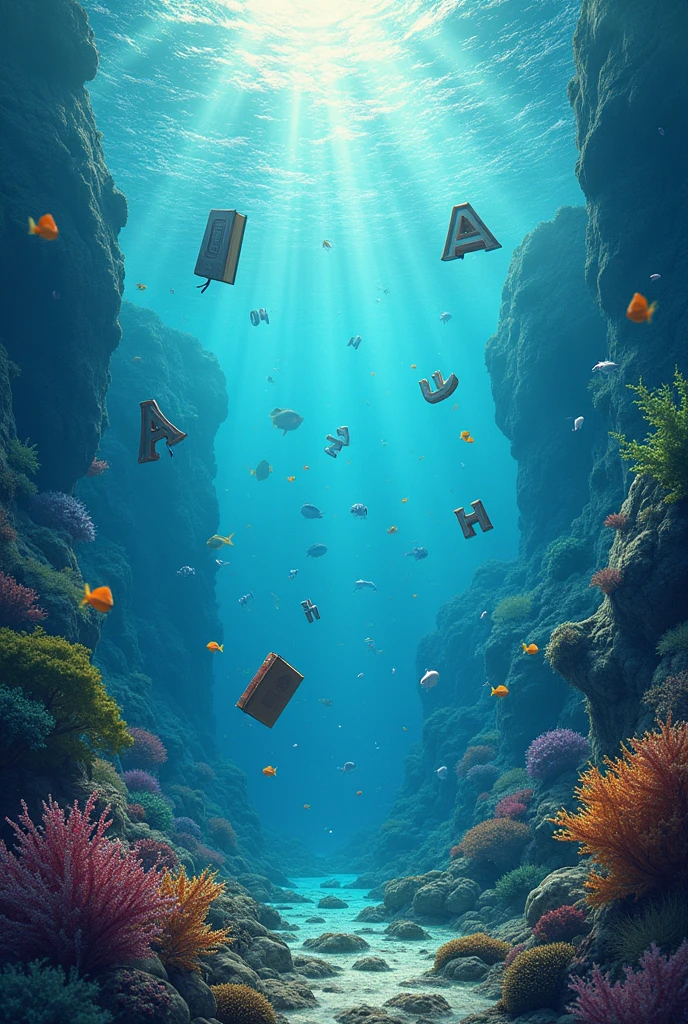 Create a cover with a sea background where you can see letters swimming or related to the area of literature