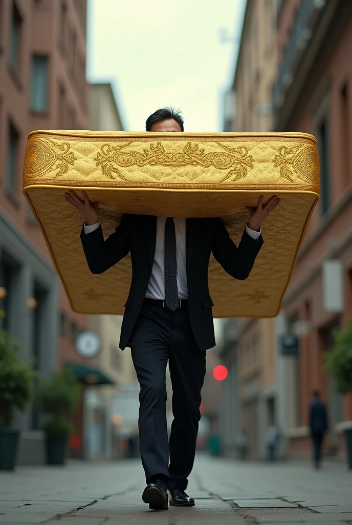 lawyer carrying golden mattress