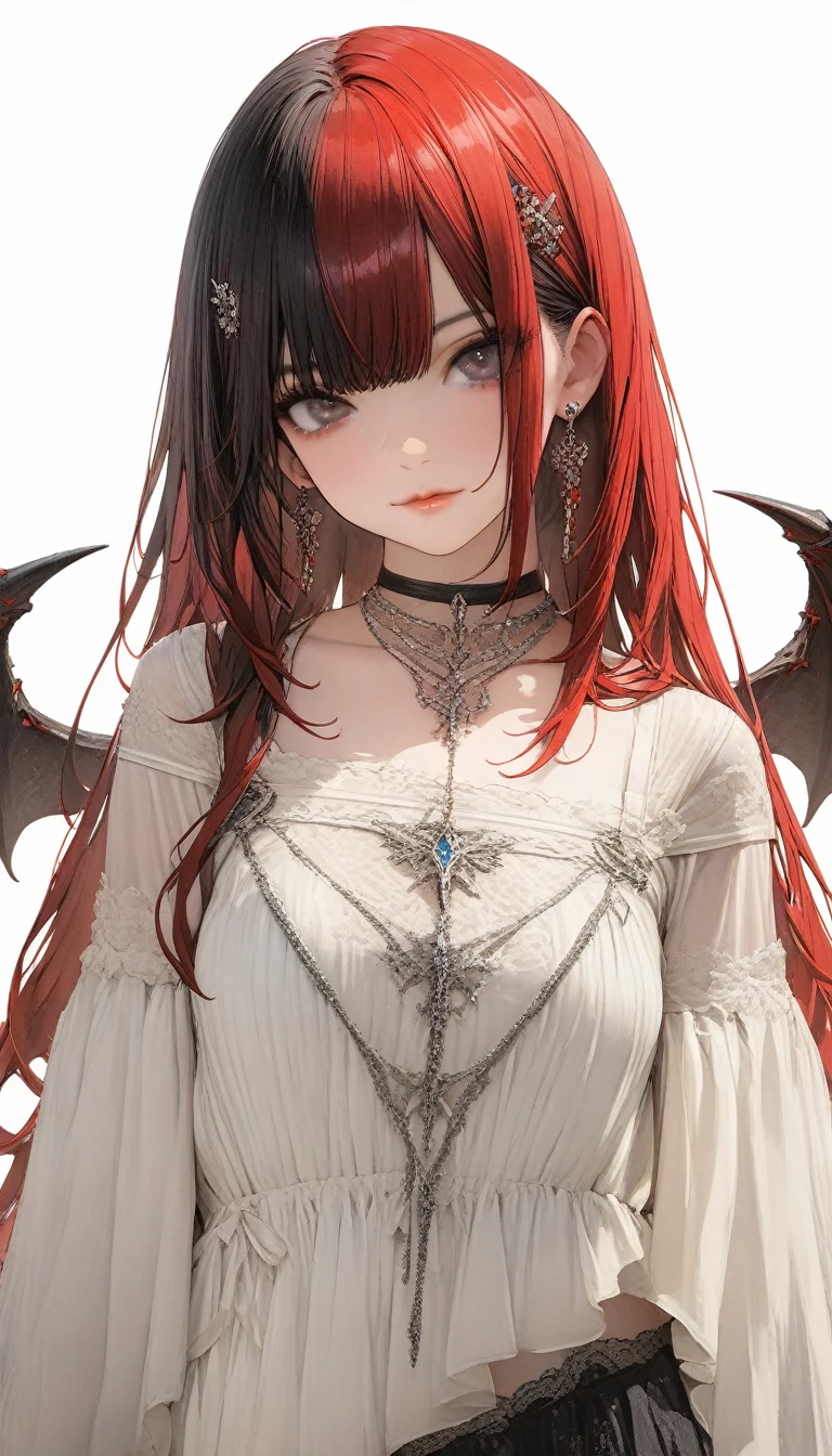 (masterpiece, 最high quality, 最high quality, Official Art, beautifully、aesthetic:1.2),((masterpiece: 1.4, 最high quality))+,(Super detailed)+, Official Art, unity 8k wallpaper, Super detaileded, beautiful, high quality, beautiful, masterpiece, 最high quality, whole body, Character portrait, White Background, Red Straight Hair, Dark Eyes, Black Little Snake, White Theme, Red Jewelry, stud, Black lace flats, Asymmetrical Skirt, Bloodstains on skirt, devil, skeleton, Lots of lace