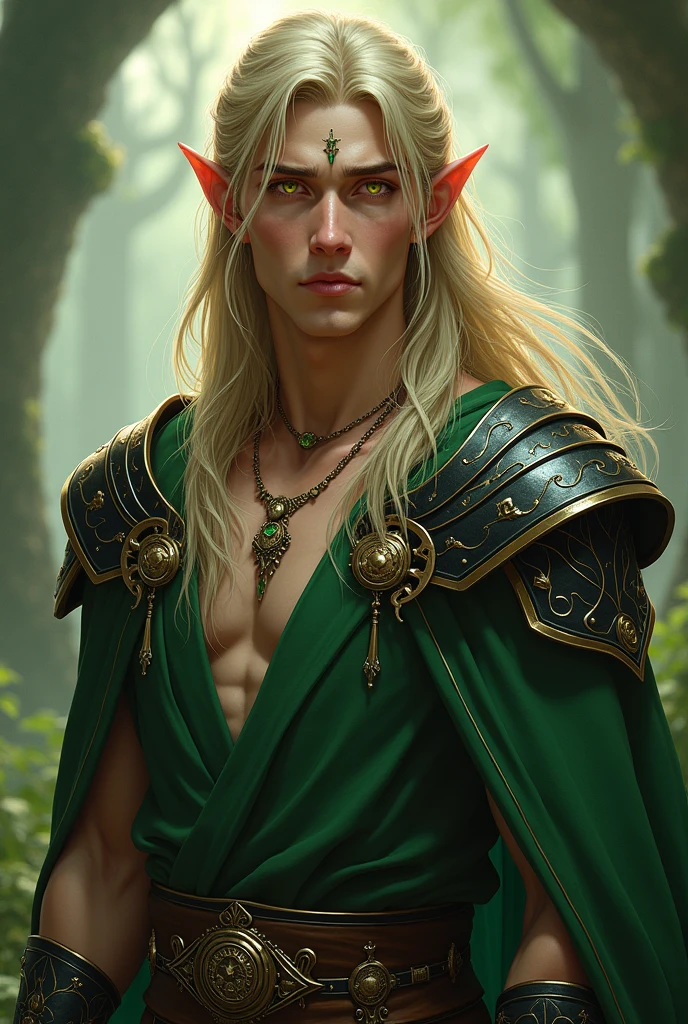 Elf man,, blond long hair, yellow eyes, green fantasy cleric outfit, handsome, rings kn fingers, necklace, black-gold-green bracers, shoulder pads, shaved face