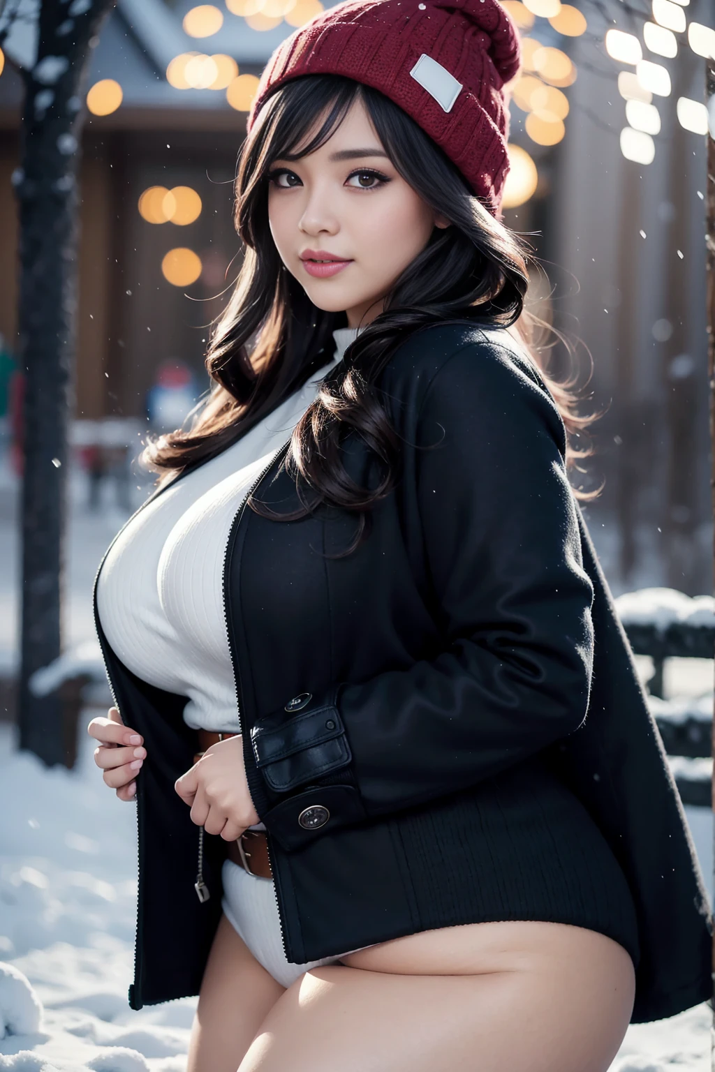 Beautiful sensual woman with a curvy body, long hair, bangs, french braid, widest waist, fitting breasts, curvy accentuated booty, sparkling eyes, long eyelashes, thick thighs, Strong calves, smirk, taniaayusiregar, She wears a red wool Coat, black Pullover, white trousers, belt, beanie, she is in a dark low lit Park, evening in Winter, snowy, photorealistic, Masterpiece, bokeh, Volumetric lighting, winter season atmosphere, close up shot
