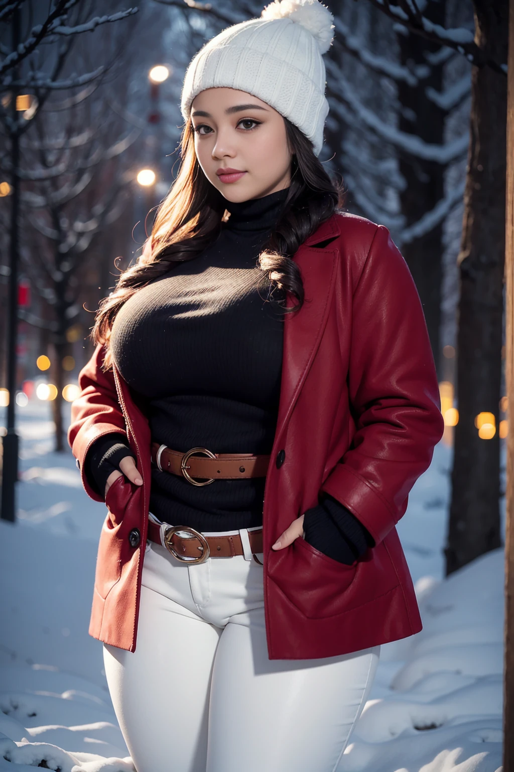 Beautiful sensual woman with a curvy body, long hair, bangs, french braid, widest waist, fitting breasts, curvy accentuated booty, sparkling eyes, long eyelashes, thick thighs, Strong calves, smirk, taniaayusiregar, She wears a red wool Coat, black Pullover, white trousers, belt, beanie, she is in a dark low lit Park, evening in Winter, snowy, photorealistic, Masterpiece, bokeh, Volumetric lighting, winter season atmosphere, close up shot
