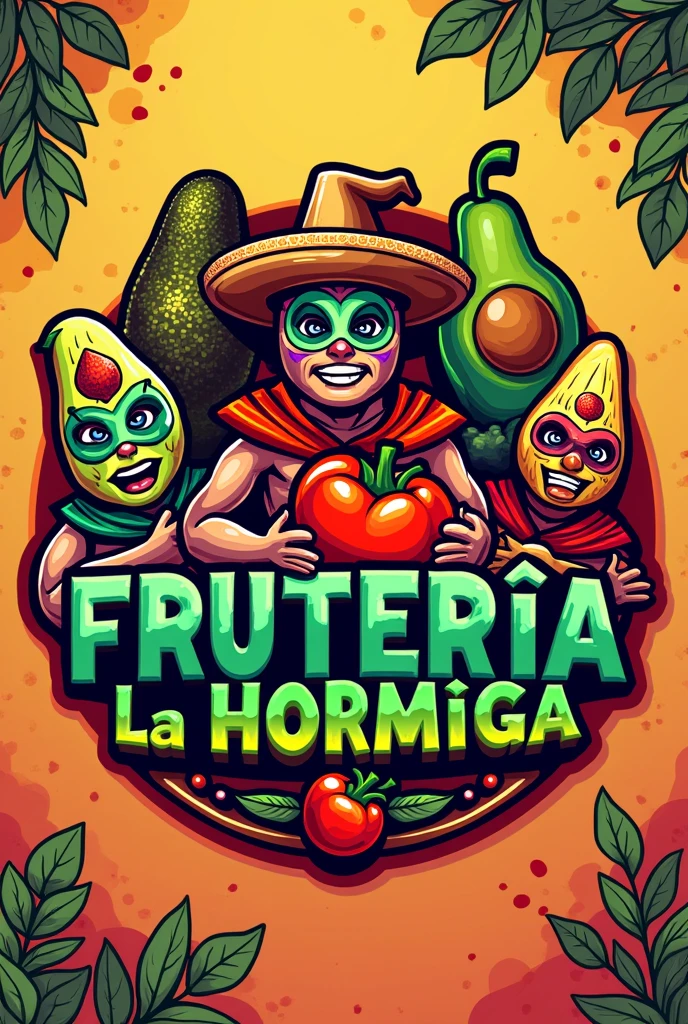 Logo for a fruit store that contains fruits and vegetables dressed as Mexican wrestlers and masked people and that says "Frutería la Hormiga" in Spanish