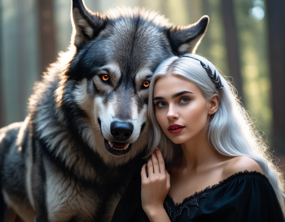 a beautiful wolf-woman runs her new claw across her chest to reveal the fur underneath her clothing as she transforms into a werewolf