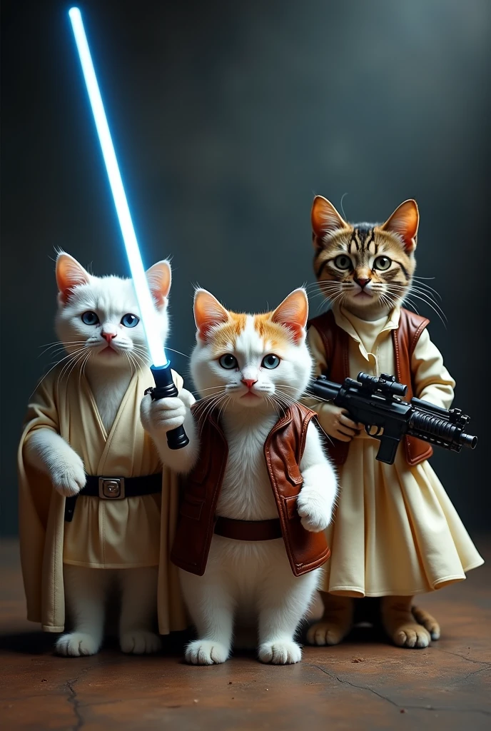A white cat dressed as Luke from Star Wars、Calico cat dressed as Han Solo、Siamese cat dressed as Princess Leia.dramatic,4K