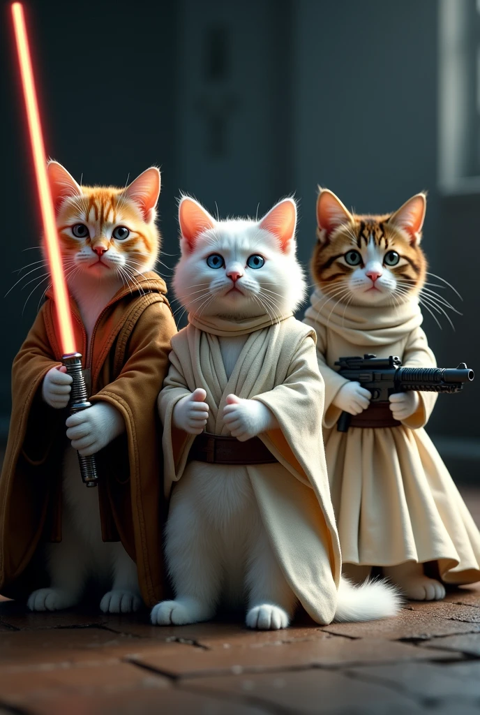 A white cat dressed as Luke from Star Wars、Calico cat dressed as Han Solo、Siamese cat dressed as Princess Leia.dramatic,4K