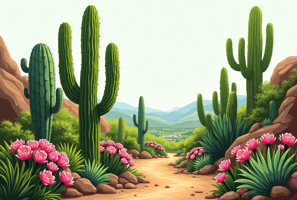 Image of the caatinga in a drawing with green cacti and pink flowers, em 2d 
