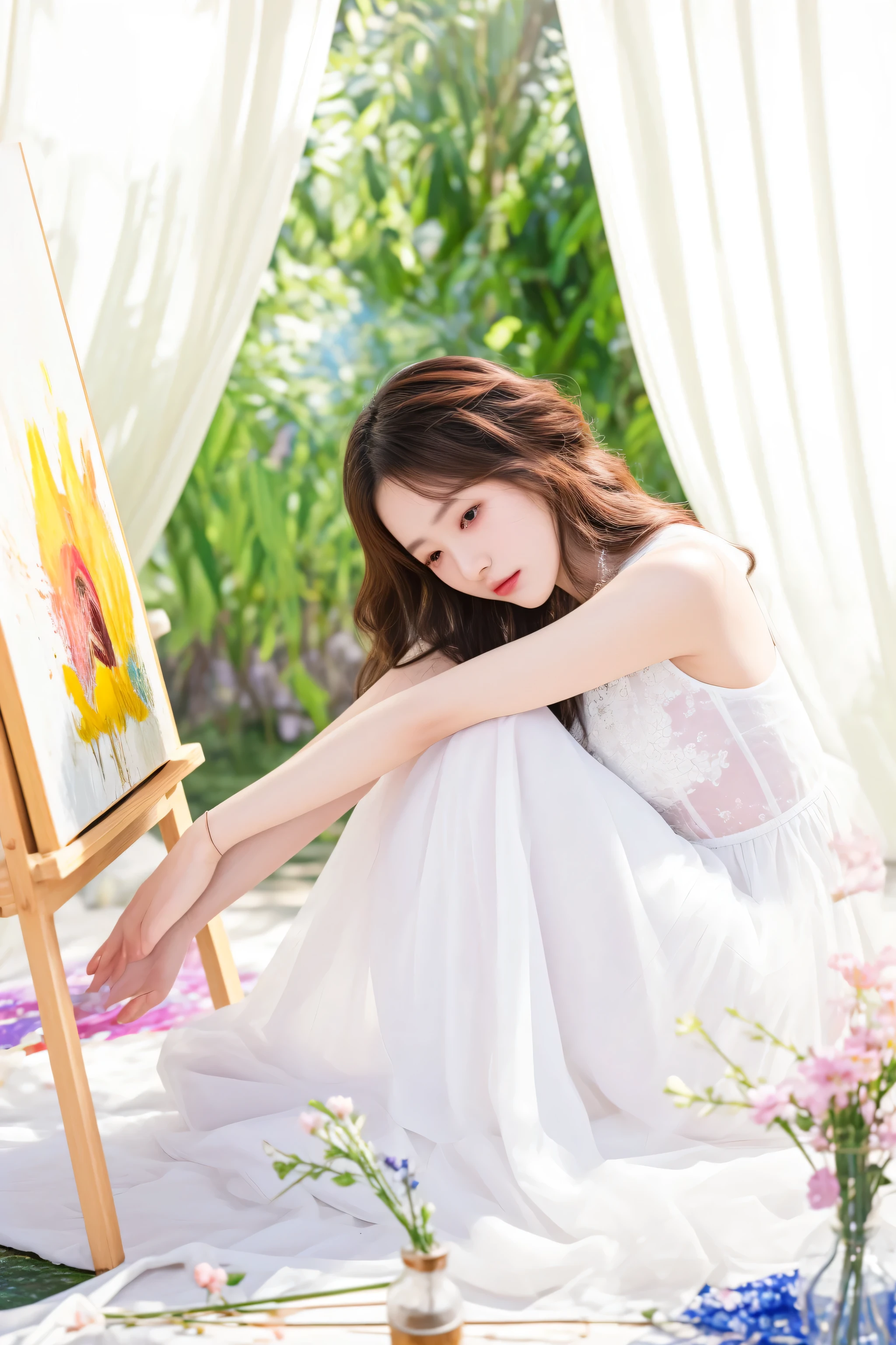 woman sitting on the ground with a painting on easel, korean artist, portrait image, art work, sun yunjoo, jia, inspired by Huang Ji, ethereal beauty, photo taken with nikon d750, photo taken with nikon d 7 5 0, captured on canon eos r 6, dreamy scene, photoshoot, portrait shot, hot with shining sun