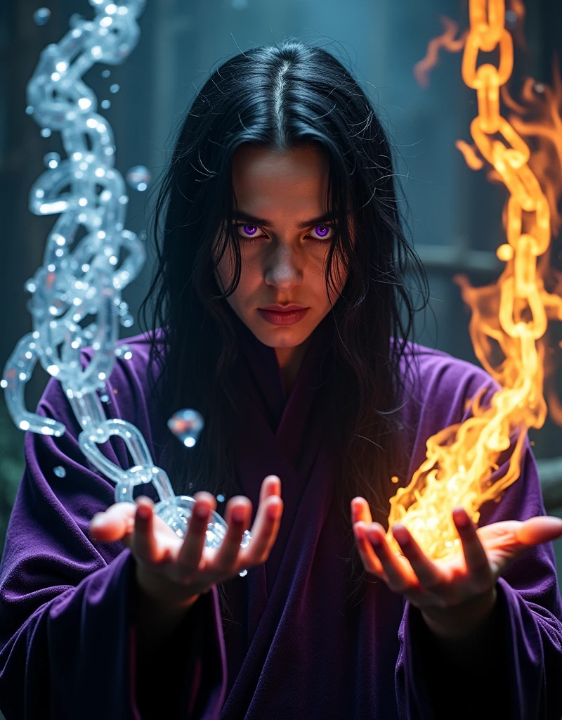 photo of a sorcerer casting magic, the left hand grasp a massive chain with ice effect, right hand grasp a massive chain with fire effect, she wearing a dark violet tunic made from velvet, she has long messy black hair and purple eyes, the chain is floating in the air, cinematic lighting, vidid light, photo focus on the chains