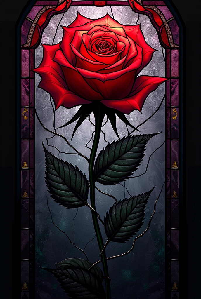 Create a stained glass design of a red rose with a thorny stem surrounding it and strangling it