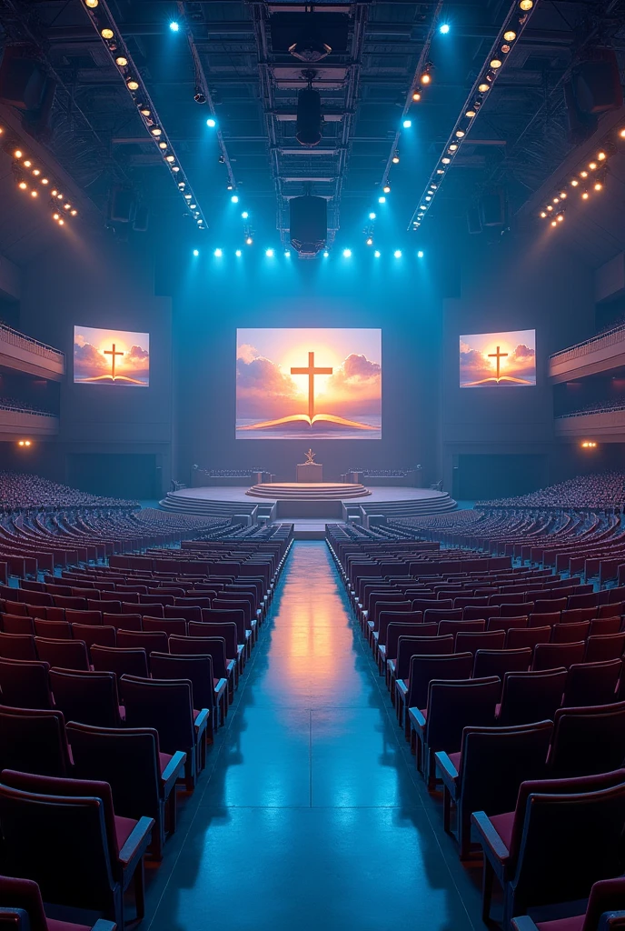 A very huge and wide rectangualar meeting hall, with many rows and Columns of chairs devided with 3 walk ways,blue and white light in the building,ceiling with many spot lights, A wide Huge tectangual stage at a far end, background of the stage "a full screen shoing A light shining out from a bible cross on the top of the bible and a dove on the top of the cross", Tv screen hang down on the middels of ceiling infron of rows