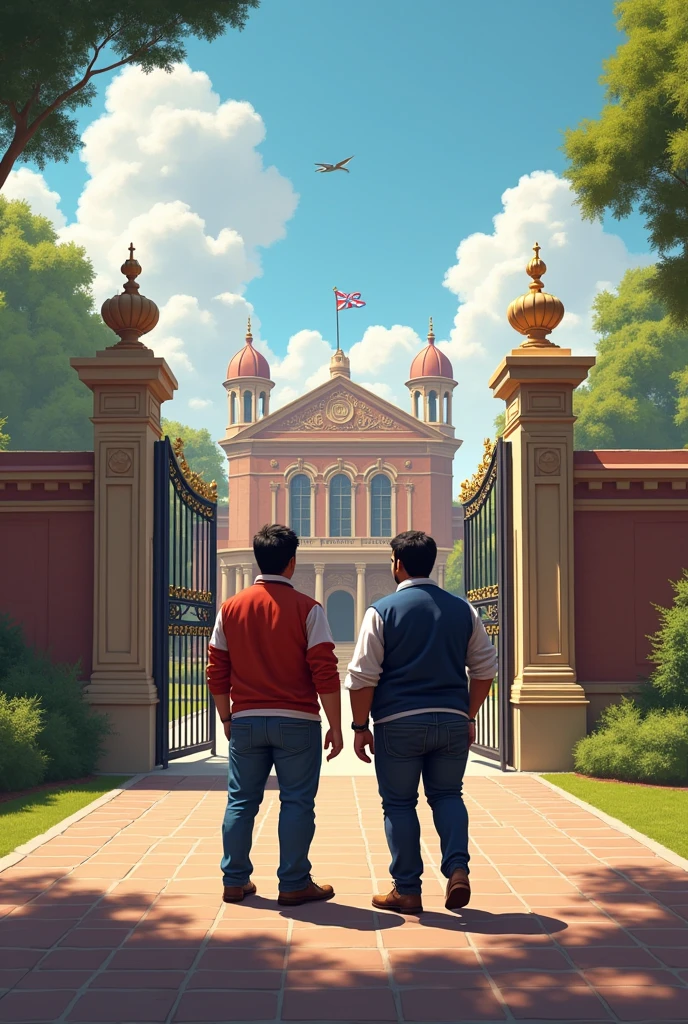 Biggest British university in India. Hero and its fat boy friend in college gate. They are looking there fantastic college 