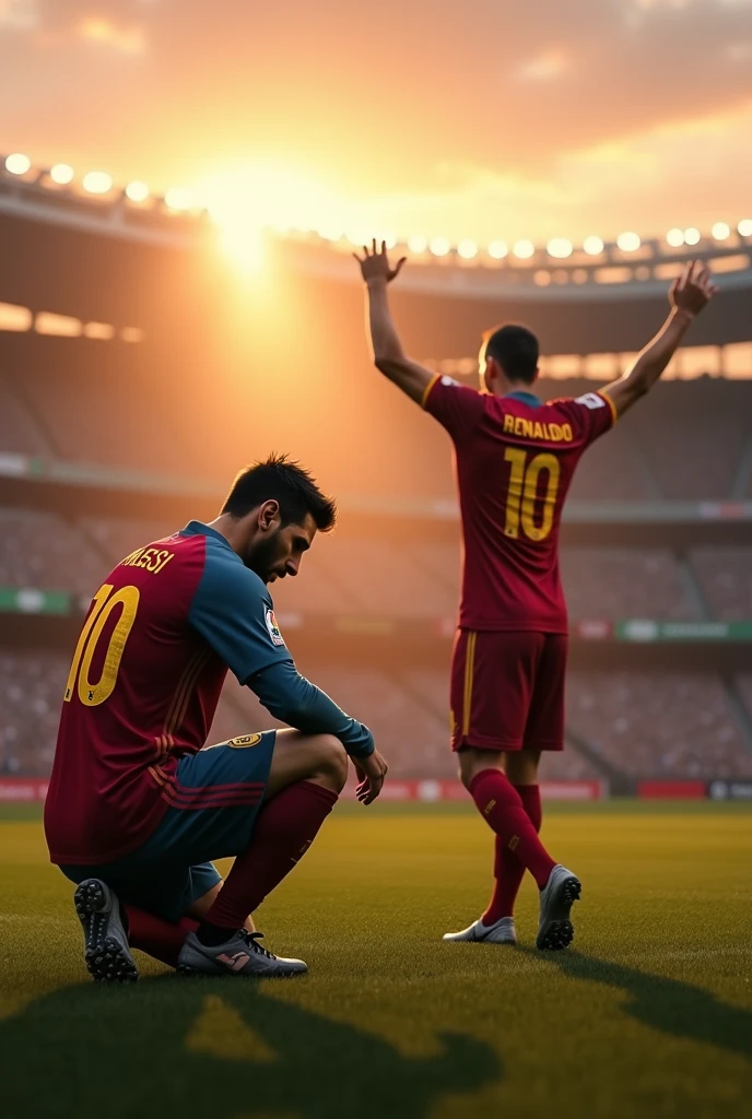 Messi kneel down and ronaldo celebrate siuuu in footbal arena sunset
