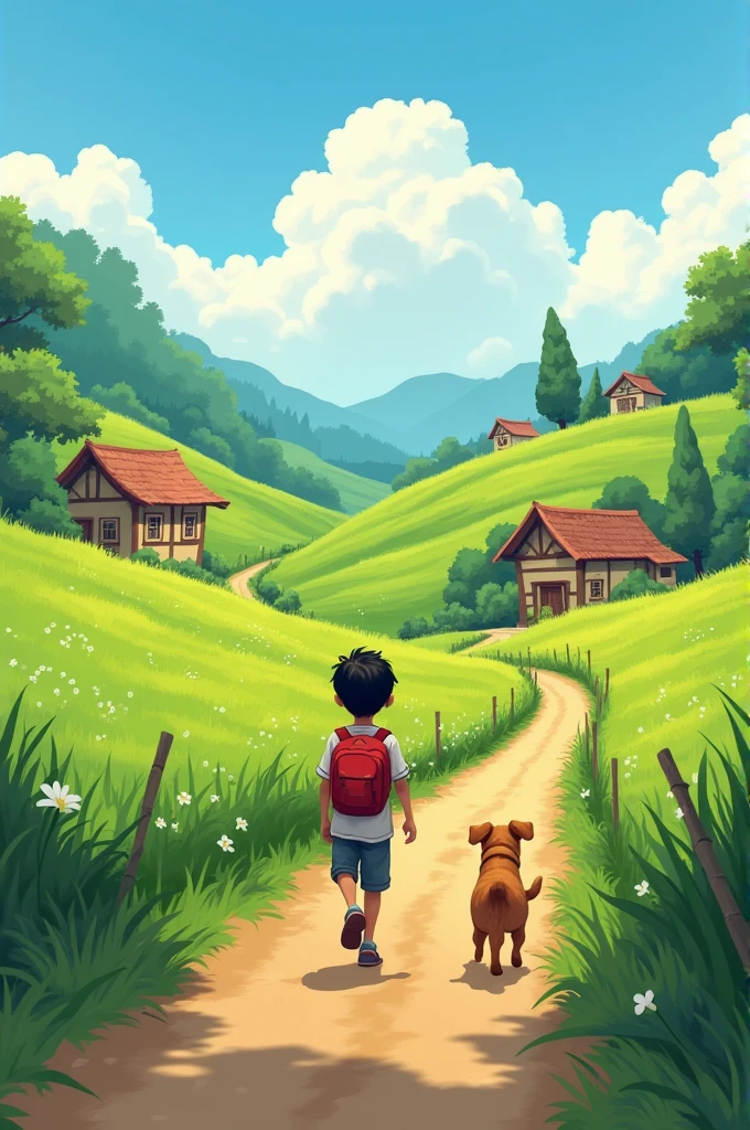 Beautiful Village Scene: A serene village with lush green fields, narrow paths, and small houses. In the foreground, show a cute , Ayan, walking with his adorable dog, Julie, following him closely.