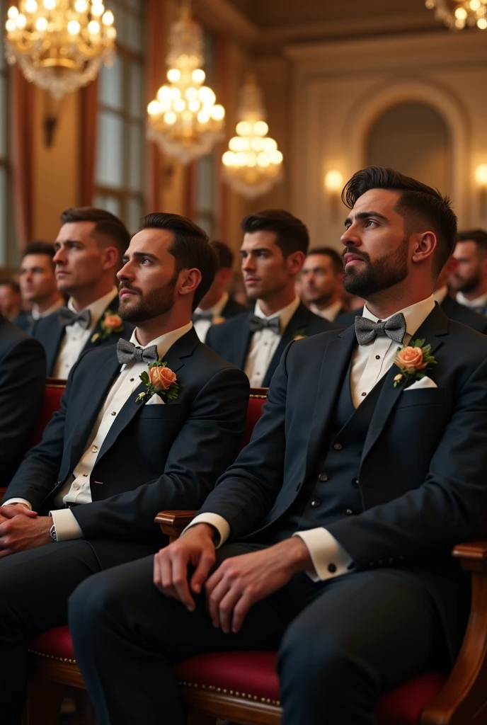 At the wedding ceremony, many men are sitting together nervously.