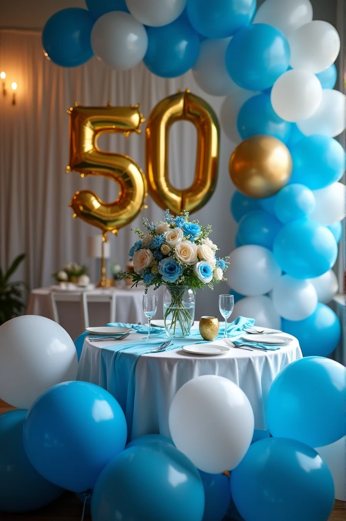 Photo of a table decorated with blue and white balloons at a 50th birthday party...(golden balloon)