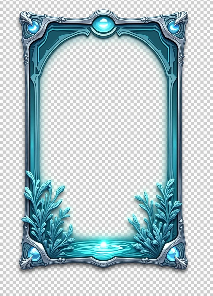 Create a 3D stylized card frame for a water-themed character with a sleek, fluid structure that complements the character's aquatic design. The frame should be smooth and flowing, using deep blues, seafoam greens, and shimmering silver shades with glowing water droplet effects around the edges. Incorporate wave motifs at the top, metallic silver corners with a polished texture, and ripple-like patterns on the sides that resemble the gentle flow of water. The bottom section should feature a coral reef texture with subtle bioluminescent glow and engraved water symbols. Ensure the frame has transparent sections to blend with the background and fits the character perfectly without obstructing key details, leaving space for text or stats at the bottom.
