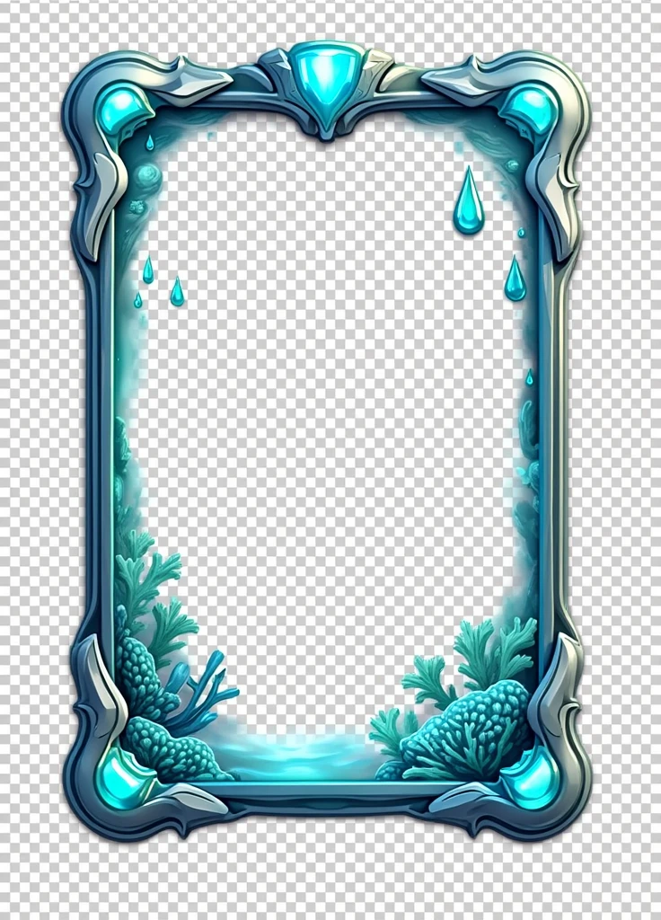 Create a 3D stylized card frame for a water-themed character with a sleek, fluid structure that complements the character's aquatic design. The frame should be smooth and flowing, using deep blues, seafoam greens, and shimmering silver shades with glowing water droplet effects around the edges. Incorporate wave motifs at the top, metallic silver corners with a polished texture, and ripple-like patterns on the sides that resemble the gentle flow of water. The bottom section should feature a coral reef texture with subtle bioluminescent glow and engraved water symbols. Ensure the frame has transparent sections to blend with the background and fits the character perfectly without obstructing key details, leaving space for text or stats at the bottom.