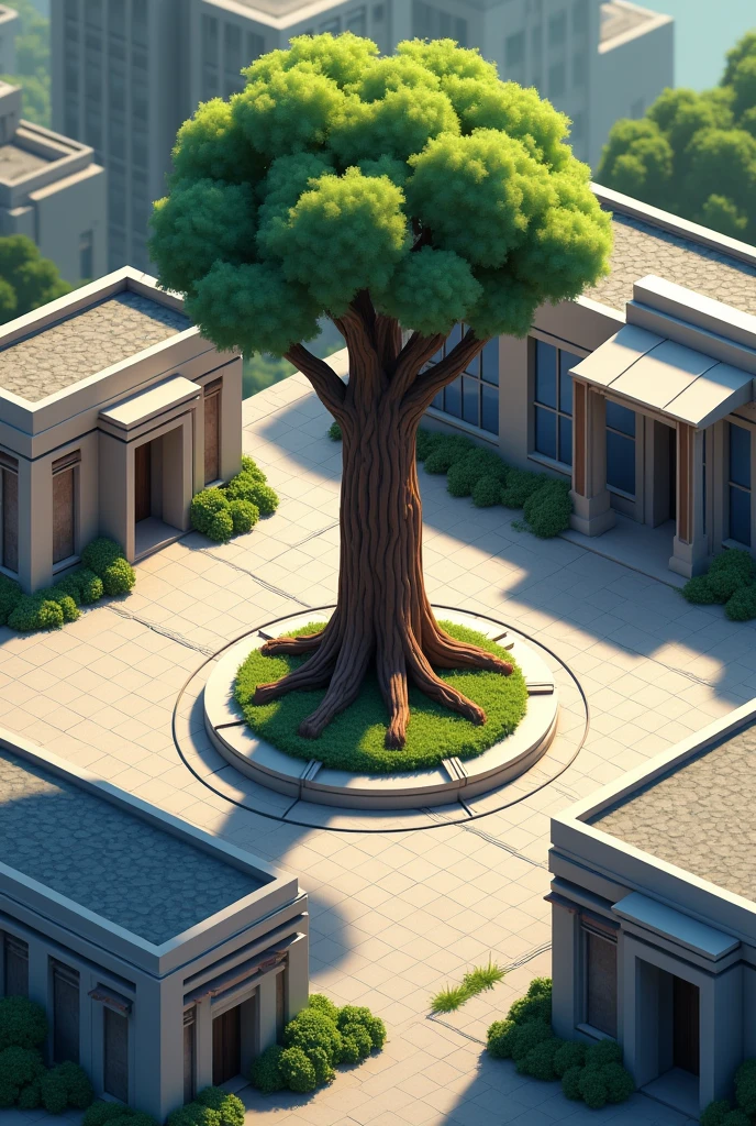 Resource for isometric game STARCRAFT style. Shows the center of a community, without people, It is a circular plaza with a giant tree in the middle., symbolizing growth and unity. There are public buildings around, such as libraries., learning centers and meeting spaces with a modern and technological air but subtle.