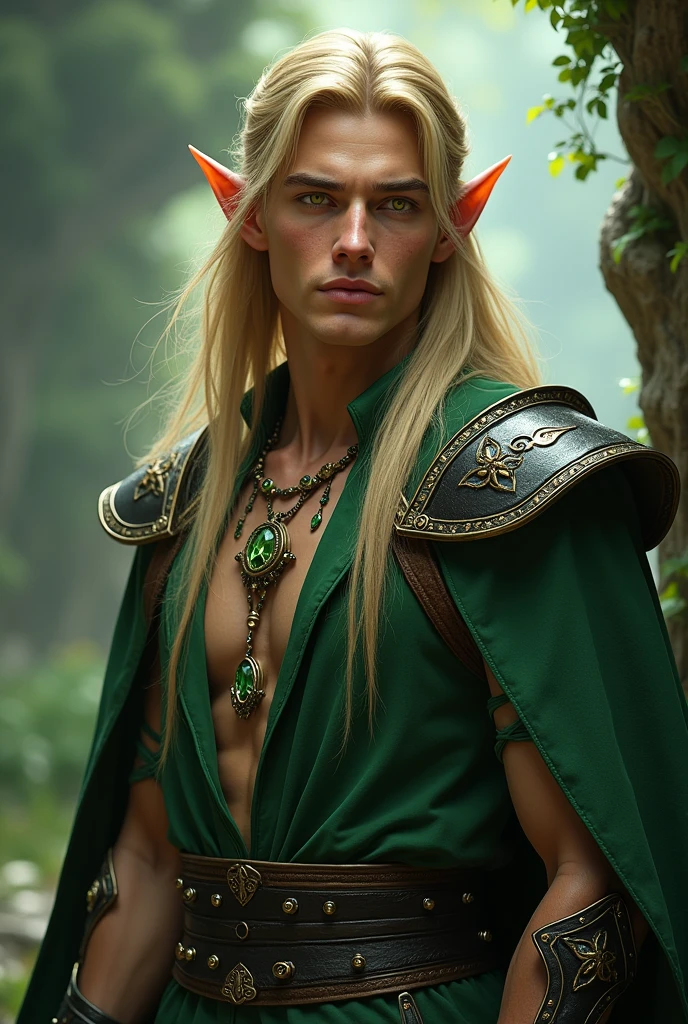 Elf man,, blond long hair, yellow eyes, green fantasy cleric outfit, handsome, rings kn fingers, necklace, black-gold-green bracers, shoulder pads, shaved face