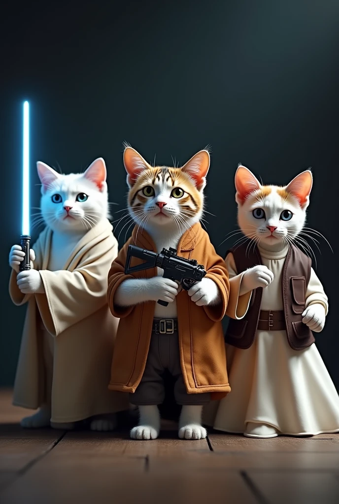 A white cat dressed as Luke from Star Wars、Calico cat dressed as Han Solo、Siamese cat dressed as Princess Leia.dramatic,4K