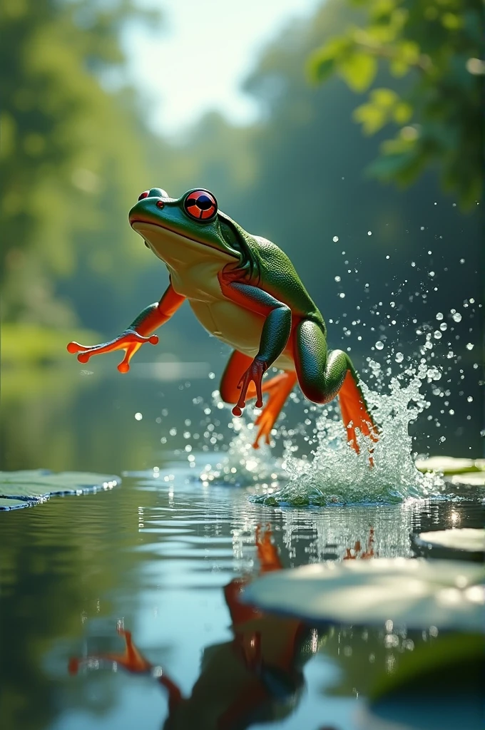 "A frog captured mid-air as it leaps into a pond, creating a splash. The scene is full of movement, with droplets of water frozen in the air. The water surface shows ripples, and there are lily pads and surrounding greenery. The atmosphere is vibrant, emphasizing the frog's agility."