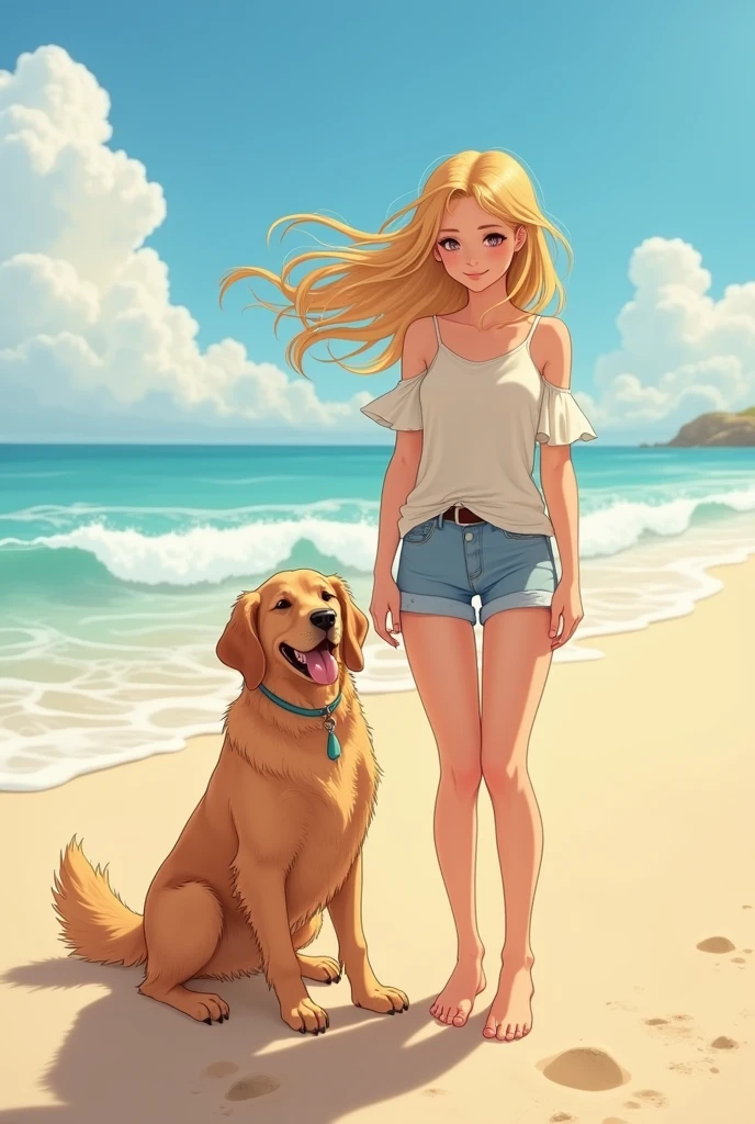 A teenage girl with her golden retriever dog on the beach