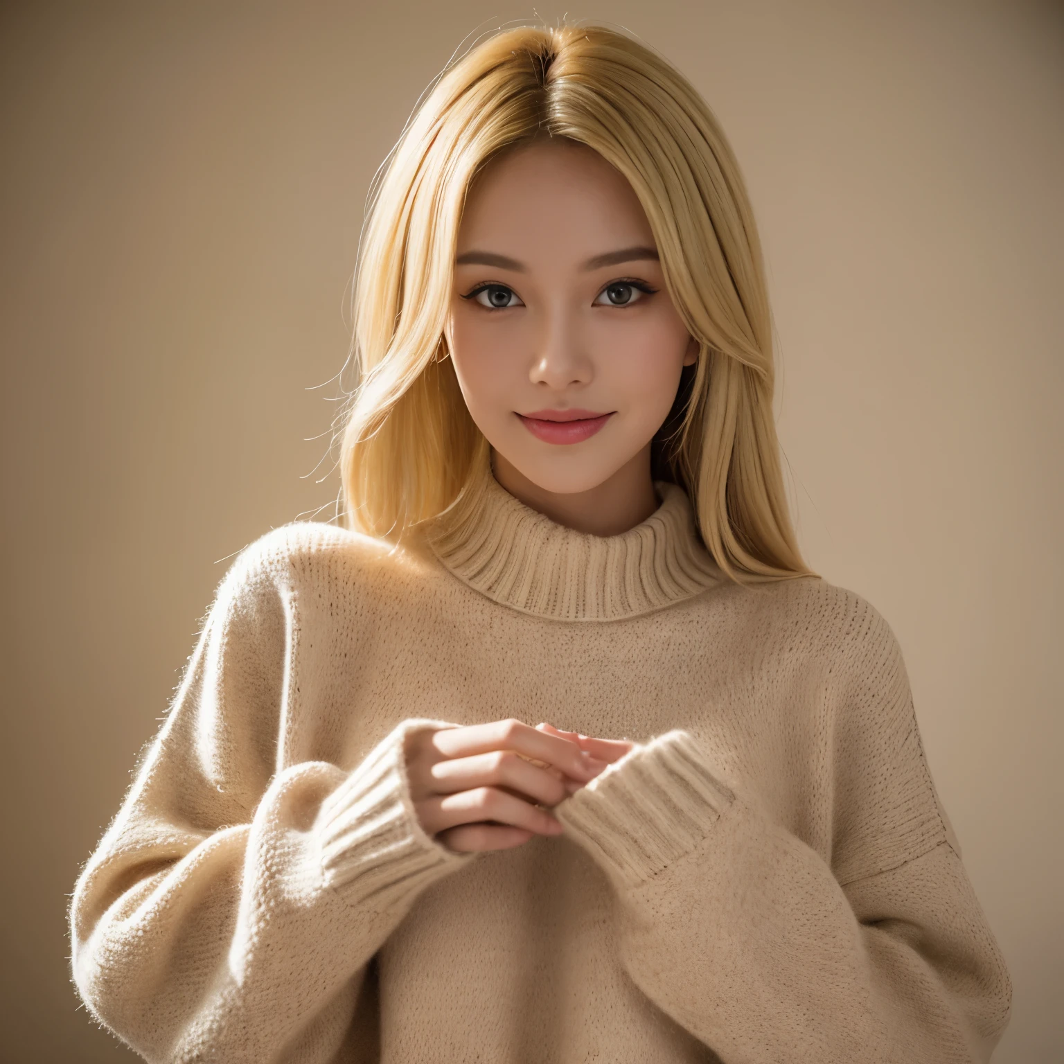 Portrait of a blonde model wearing a warm designer sweater, Brand clothing style, The sweater is completely exposed,  GH5, Happy expression, Low key image, Clear Texture - Image #2 @Slim Slim