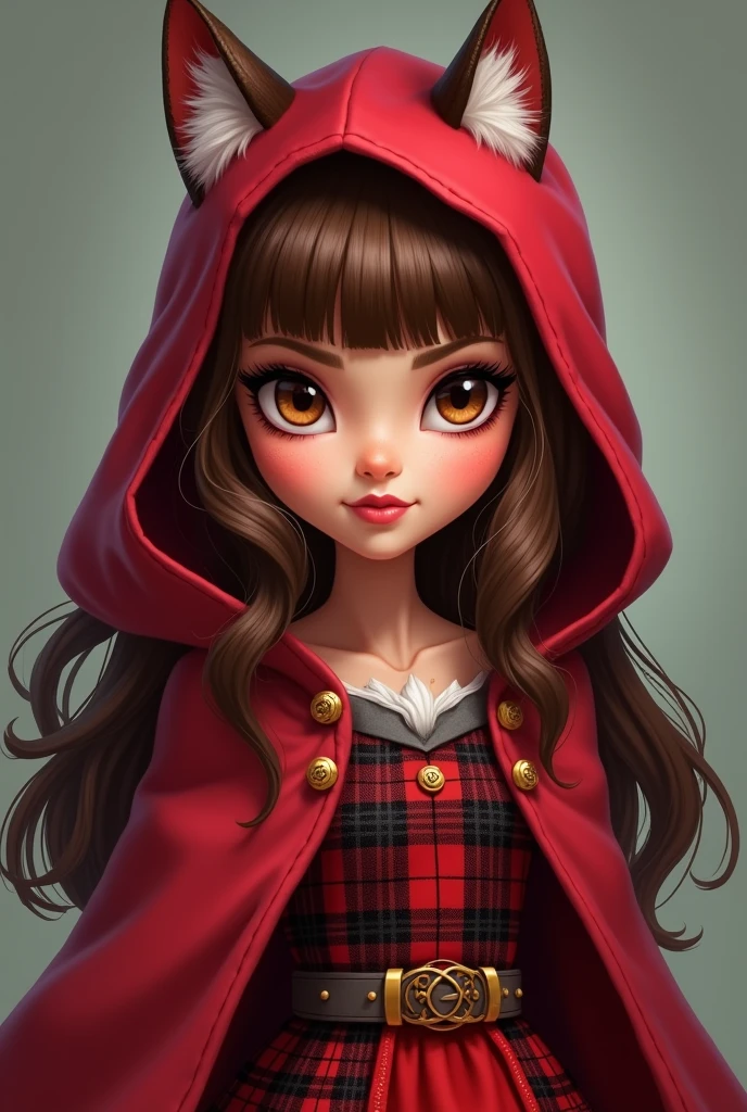 Imagem da filha da Cerise Hood e da Cedar Wood de Ever After High: You must have straight, wavy hair with brown bangs and white highlights., eyes browns, Light brown skin, red hood, instead of normal ears they are wolf ears, red dress with red and black plaid details on the top and red with gray on the bottom, wooden elements in clothing