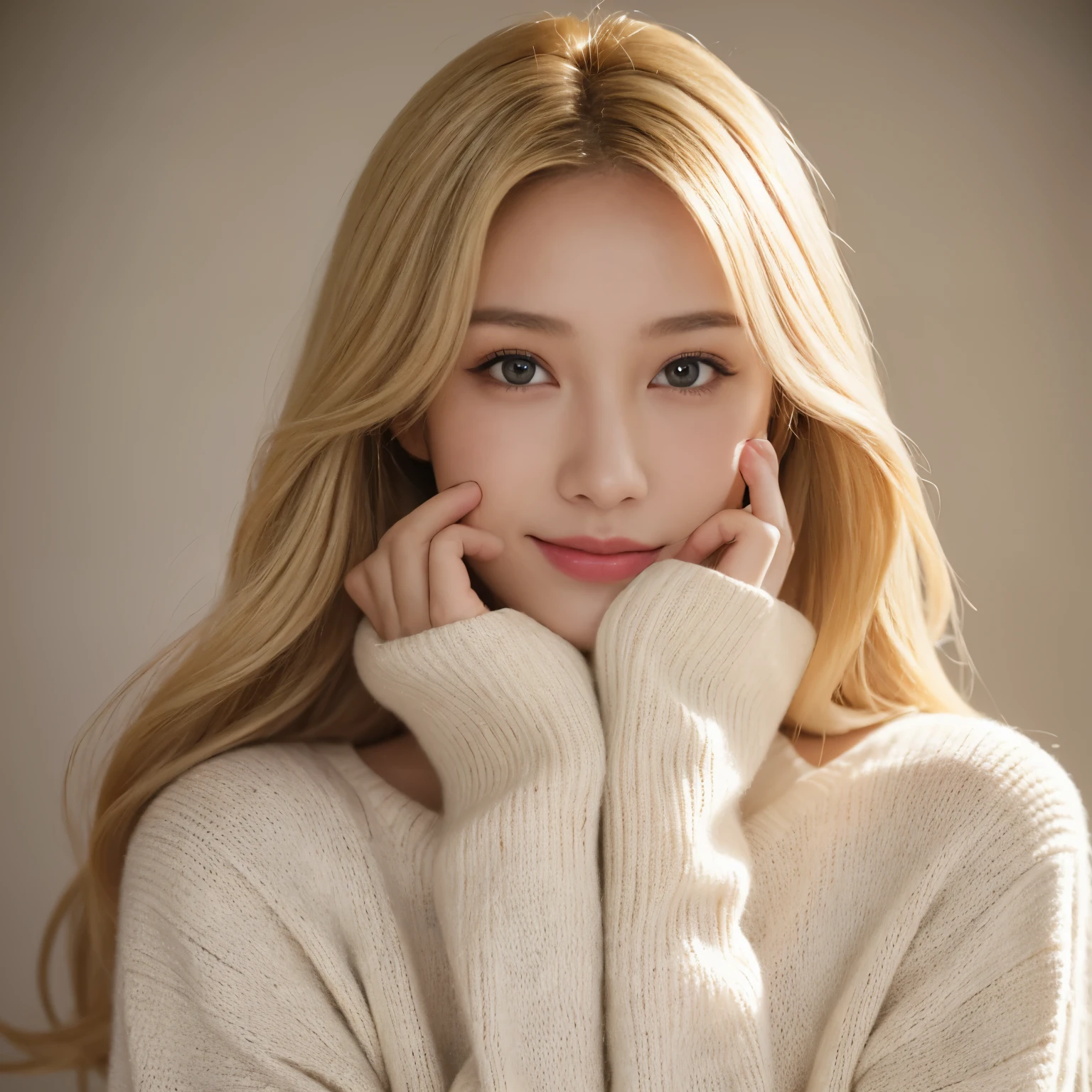Portrait of a blonde model wearing a warm designer sweater, Brand clothing style, The sweater is completely exposed, GH5, Happy expression, Low key image, Clear Texture - Image #2 @Slim Slim