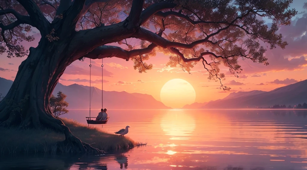 Sunset Over a Crystal Clear Lake: A stunning sunset paints the sky in hues of orange, pink, and violet, reflecting perfectly on a crystal-clear lake. On the shore, a large, ancient oak tree with sprawling branches provides a natural frame. Sparks of light fly in the air and create a magical atmosphere. A swing hangs from one of its branches, empty but gently swaying in the breeze. A couple of doves sit on the tree, their feathers ruffled by the wind, symbolizing peace and love. Dynamic pose, Strong contrast, Good depth of field, Masterpiece, Aesthetic Mystical illustration in realistic style, best quality, natural light, high res, highly detailed, All the colors and materials in this work are very harmoniously combine, Like the same color. Best quality. 8K Ultra HD. Clouds in the sky