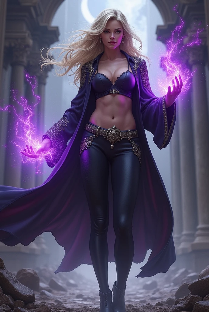 A tall blonde woman with large legs and thick thighs wearing a top and a legging and a overcoat and one on top with purple magic powers in her hands.